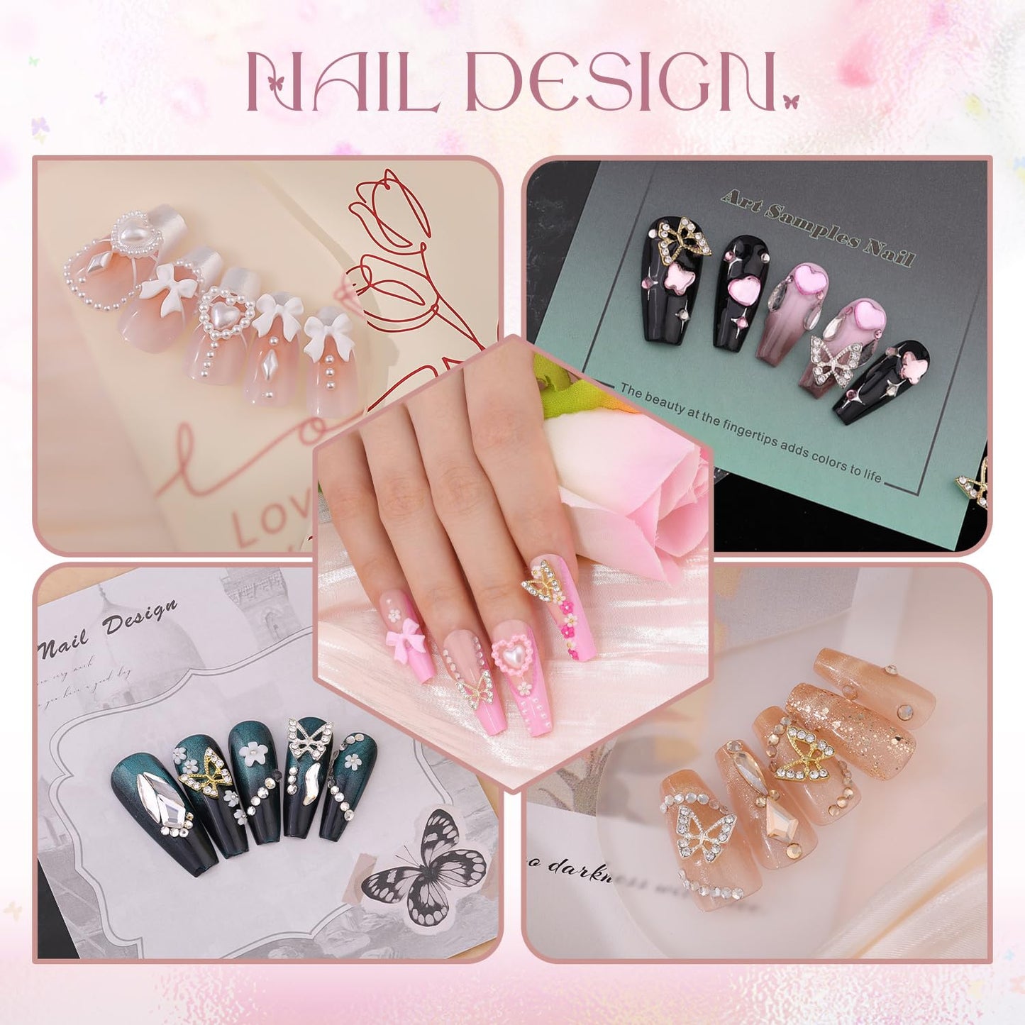 3D Nail Charms and Gems Set 9, 20PCS Chunky Butterfly Charms + 60PCS Coquette Nail Bows in 2 Styles + 3D Flowers for Nails with Rhinestones, Pearls, Diamonds, and Picker Tools for Y2K Nail Decor-Velvo Beauty