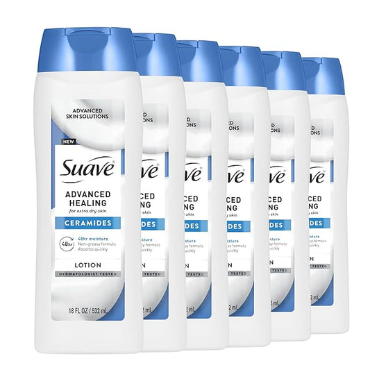 Suave+ Advanced Healing Hand & Body Lotion for Women With Ceramides for Very Dry Skin, Hydrating, Non-Greasy, Allergen-Free Moisturizing Cream, Lightly Scented, 18 FL OZ, 6 Pack-Velvo Beauty