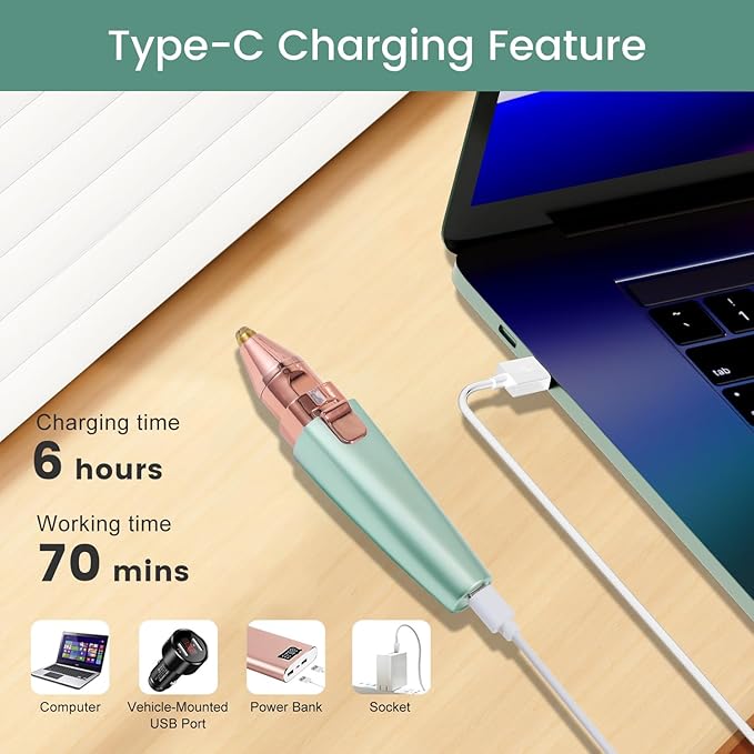 Hatteker Eyebrow Facial Trimmer, 2 in1 Rechargeable Hair Removal and Eyebrow Shaver - Face Lips Body Painless Razor with Built-in LED Light (Green)-Velvo Beauty