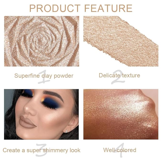 Rose Gold Face Highlighter Makeup Shimmer Glitter Rose Sparkly Highlighters Makeup Powder Palette for Face Cheek Skin iluminadores iluminador (gold)-Velvo Beauty