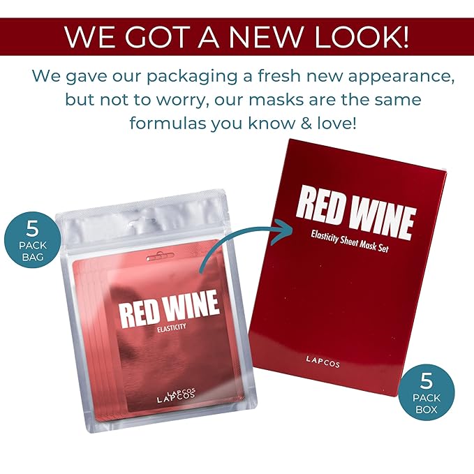 LAPCOS Red Wine Sheet Mask, Daily Face Mask to Restore and Soften Skin, Korean Beauty Favorite, 5-Pack-Velvo Beauty