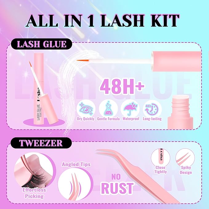 Losha Lashes Fluffy False Eyelashes 5D Volume Eye Lashes Kit with Lash Glue and Lash Tweezers 14 Pairs Vegan Fake Eyelashes Soft Faux Mink Lashes Pack (Thrives)-Velvo Beauty