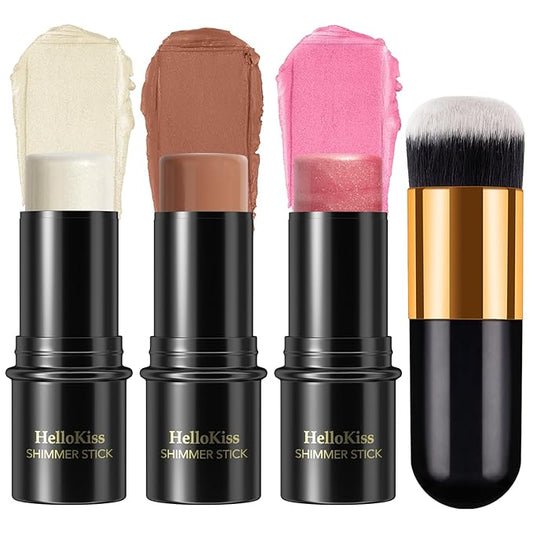 3 Pcs Face Contour Stick Kit, Matte Finish Face Stick Trio with Bronzer Blush Highlighter and Brush, Long Lasting Waterproof Cream Beauty Wand Makeup Set for Sculpt Glowing Face Look (#2, 7, 11)-Velvo Beauty