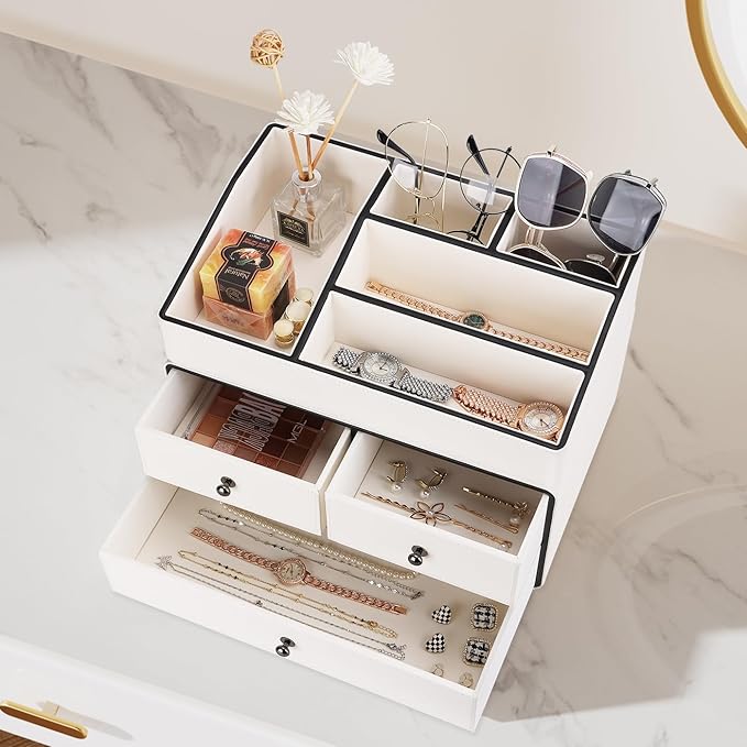GORESE Leather Makeup Organizer with Drawers for Vanity, Stackable Skincare Holder Dresser Organizer Countertop, Make Up Storage Organizers Counter Cosmetic Display Case Gifts for Women(Cream White)-Velvo Beauty