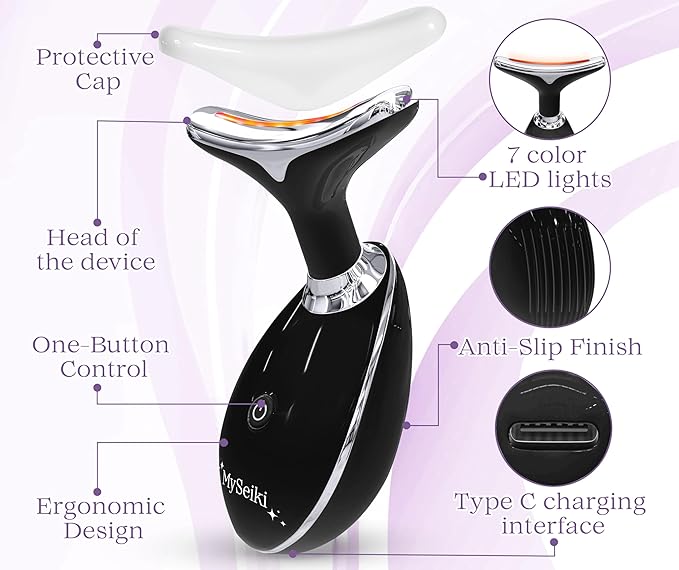 7 LED Light Beauty Tool – Face and Neck Massager with Jade Roller, Case, Black-Velvo Beauty