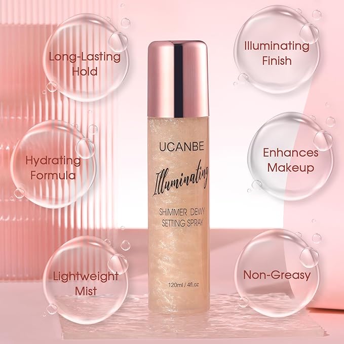 UCANBE Shimmer Dewy Setting Spray – Glowing + Makeup Setting Spray 2 in 1 Lightweight Formula for a Radiant Glow,Long-Lasting Face Mist for Face Body, 4 Fl Oz #Champagne-Velvo Beauty
