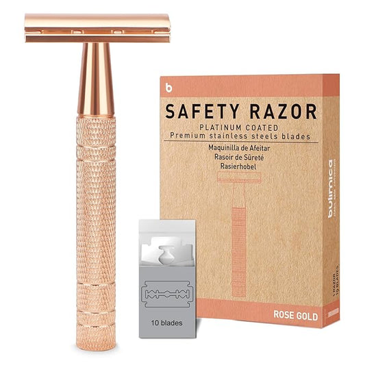 Matte Rose Gold Safety Razor, Single Blade Razors for Women, Reusable Metal Razor, with 10 Stainless Steel Double Edge Blades, Eco-friendly, Smooth & Close Shave, Plastic Free-Velvo Beauty