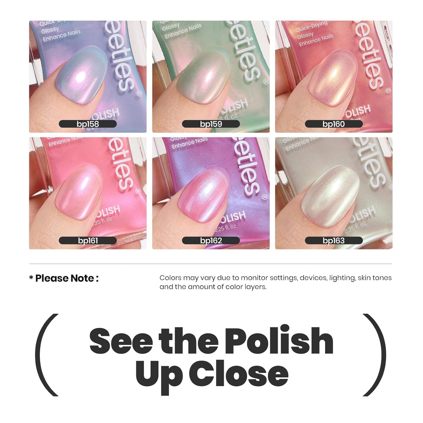 Beetles Pearl Nail Polish Set Mermaid Glow, 6 Colors Shimmer Pearl Pink Purple Quick Dry Nail Polish Long Lasting DIY Manicure Gift for Girls Women Nail Strengthener Polish-Velvo Beauty