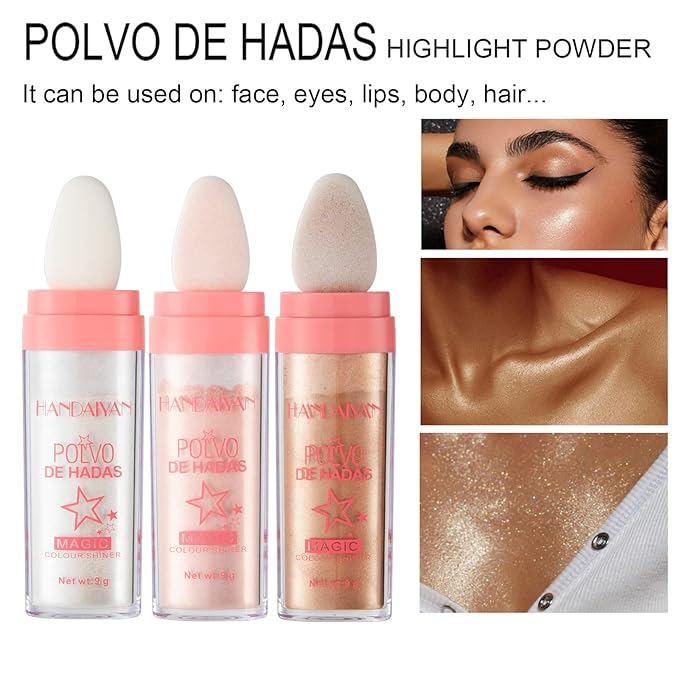 AKARY Body Glitter, Fairy Polvo De Hadas Shimmer Face Highlighter Powder & Blush Stick, Instant Glow Luminizer Duo, Glitter Face Hair High Gloss, Sparkle Smudge-Proof Highlighter Stick Party Makeup (#02 Fairy Pink)-Velvo Beauty