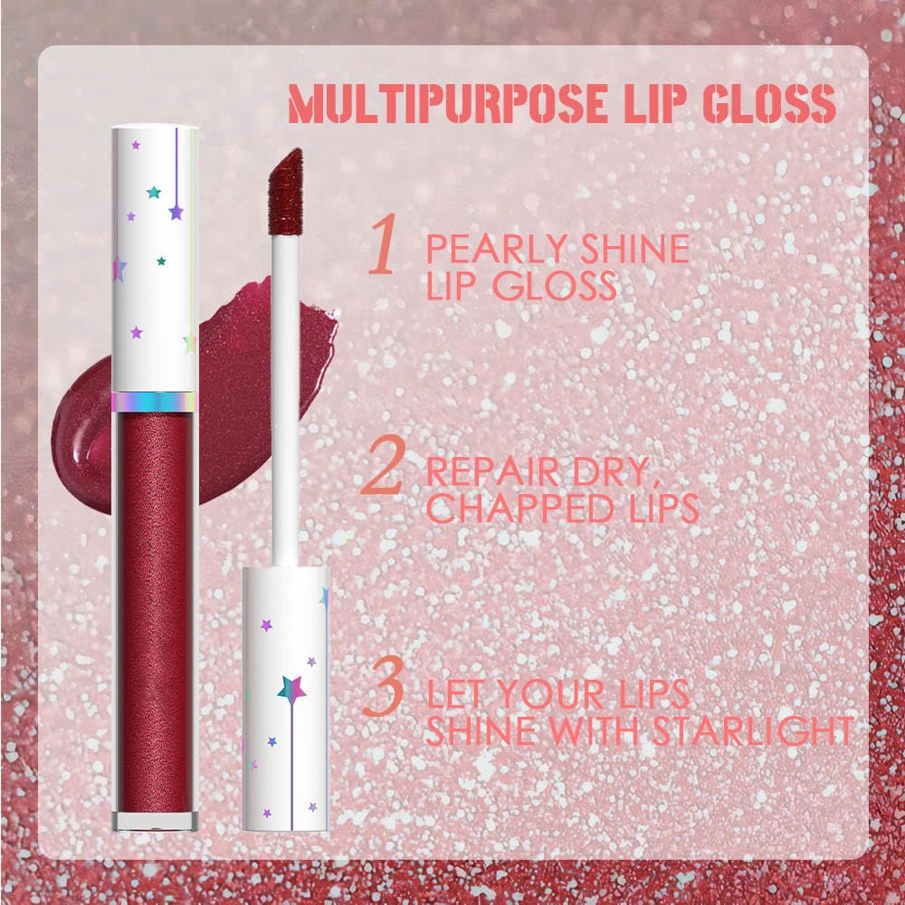 evpct 1Pcs Dark Red Metallic Shimmer Glitter Lip Gloss Liquid Lipstick Long Lasting Waterproof 24, Glitter Pearlescent Metallic Sparkly Glossy Liquid Lipsticks Lip Stain Makeup Set for Women 10#-Velvo Beauty