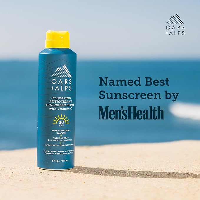 Oars + Alps Hydrating SPF 30 Sunscreen Spray, Naturally Derived Skin Care Infused with Vitamin C and Antioxidants, Water and Sweat Resistant, 6 Oz, 1 Pack-Velvo Beauty