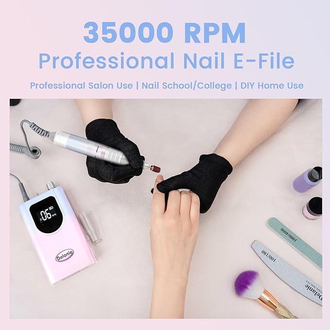 Delanie Professional Nail Drill High Torque 35000 RPM Rechargeable Portable Electric Nail File Filer for Acrylic Gel with Cuticle Bits, Salon Manicure Tool, Gradient Pink-Velvo Beauty