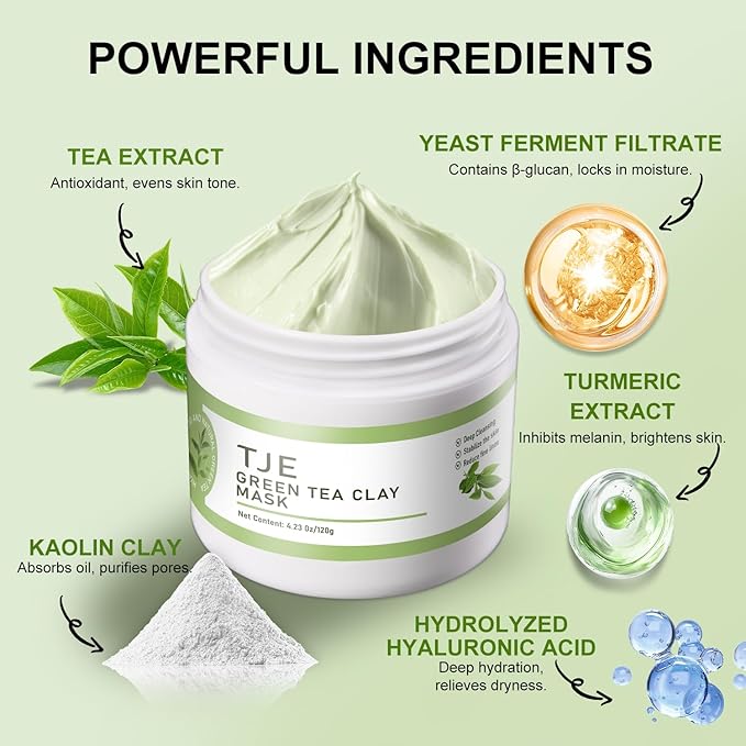 TJE Green Tea Clay Mask, Green Tea Cleanse Face Mask, Deep Pore Cleansing Mask, Moisturizing & Purifying, Remove Blackheads & Acne for All Skin Types-Velvo Beauty