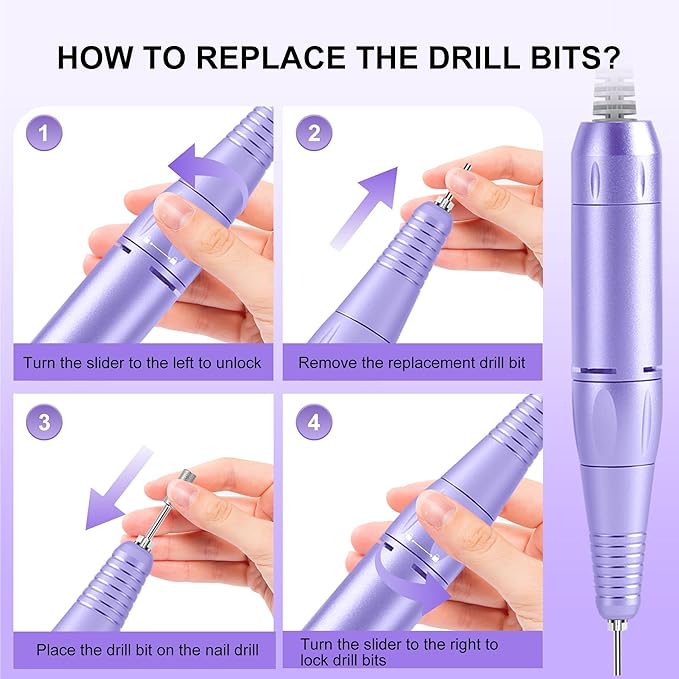 Professional Electric Nail Drill File:COSYGLOW Glitter Portable Cordless E-File Nail Drill Kit with 11 Drill Bits,30000 RPM Rechargeable Nail Drills Machine for Acrylic Nails Gel Polishing(Purple)-Velvo Beauty