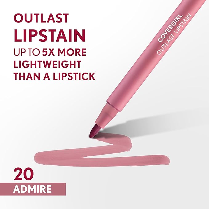 COVERGIRL Outlast, 20 Admire, Lipstain, Smooth Application, Precise Pen-Like Tip, Transfer-Proof, Satin Stained Finish, Vegan Formula, 0.06oz-Velvo Beauty