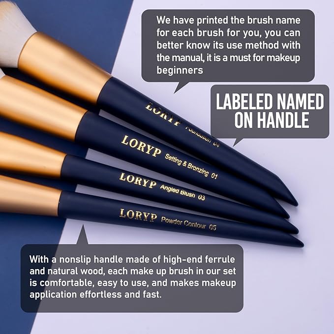 LORYP Makeup Brushes Set Labeled 18 Piece Face and Eye Brush Set Ultra soft hair Foundation, Concealer, Blush, Contour, Blending, Eyeshadow Blue Brush kit-Velvo Beauty