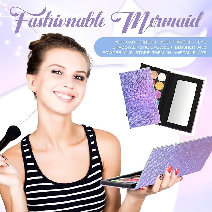 2 Pieces Magnetic Palette Mermaid Empty Palette with Mirror and 36 Pcs Adhesive Metal Empty Palette Stickers Large Mermaid Makeup Empty Palette for Eyeshadow Lipstick Blush Powder-Velvo Beauty