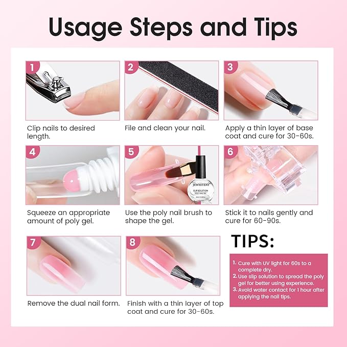 JEWHITENY Poly Extension Gel Nail Set Clear White Pink Poly Nail Gel With Base Coat Top Coat for Finger Art and Home DIY French Manicure Need U V Lamp Curing-Velvo Beauty