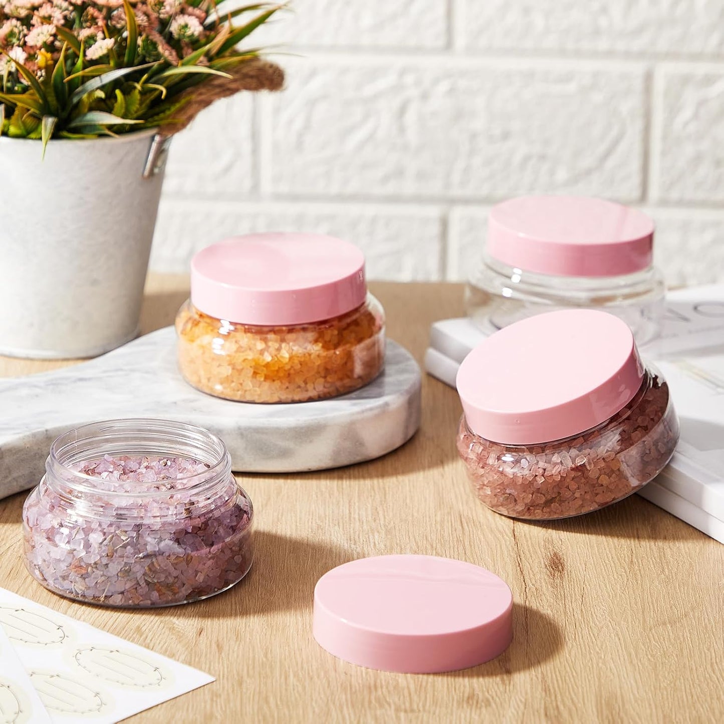 Tessco 24 Pack Plastic Jars with Lids Labels Empty Clear Plastic Jars Round Refillable Cosmetic Containers Body Butter Containers Bulk Sugar Scrub Bottle for Make Up(5 oz,Clear, Pink)-Velvo Beauty