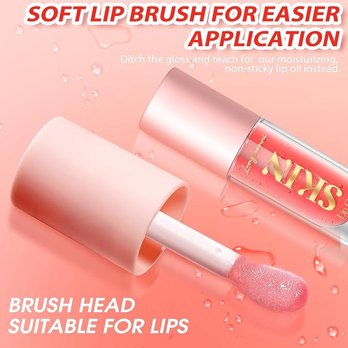 Big Brush Head Lip Glow Oil Plumping Tint, Tinted Lip Balm Transparent Lip Care, Moisturizing Non-sticky Fresh Shiny Texture Lip Oil - Strawberry (Pink)-Velvo Beauty