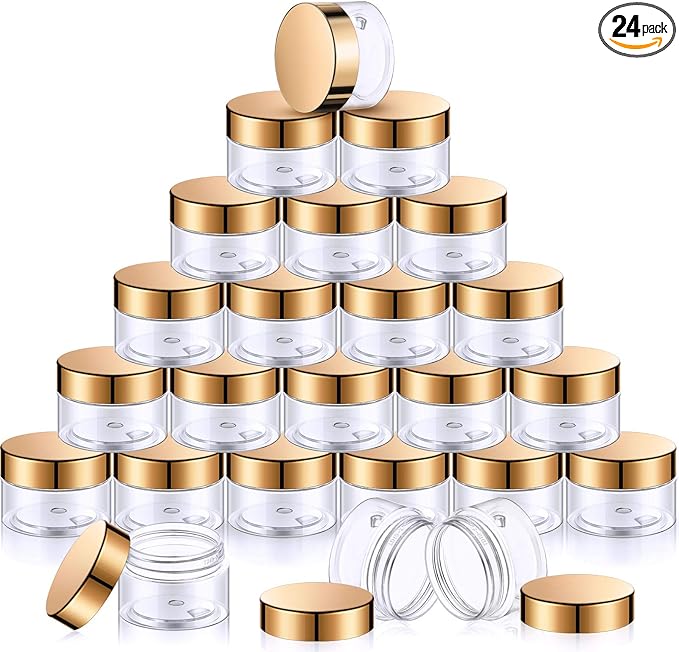 SATINIOR 24 Pieces Empty Clear Plastic Jars with Lids Round Storage Containers Wide-Mouth for Beauty Product Cosmetic Cream Lotion Liquid Butter Craft and Food (Gold Lid,1 oz)-Velvo Beauty