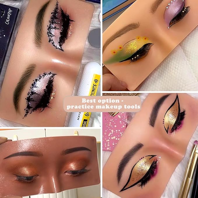 Mannequin Face for Makeup Practice, Makeup Practice Face Board with Makeup Brushes Rhinestones Sticker, Silicone Makeup Mannequin Face for Makeup Artist Supplies(Wheat colored)-Velvo Beauty