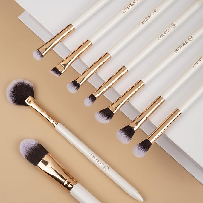 OMANIAC Makeup Brush Set Professional, 12 Pearlescent Wood Handle Makeup Brushes, Premium Cruelty-Free Synthetic Fiber Hair, Travel Make up Brushes Set with Case (White).-Velvo Beauty