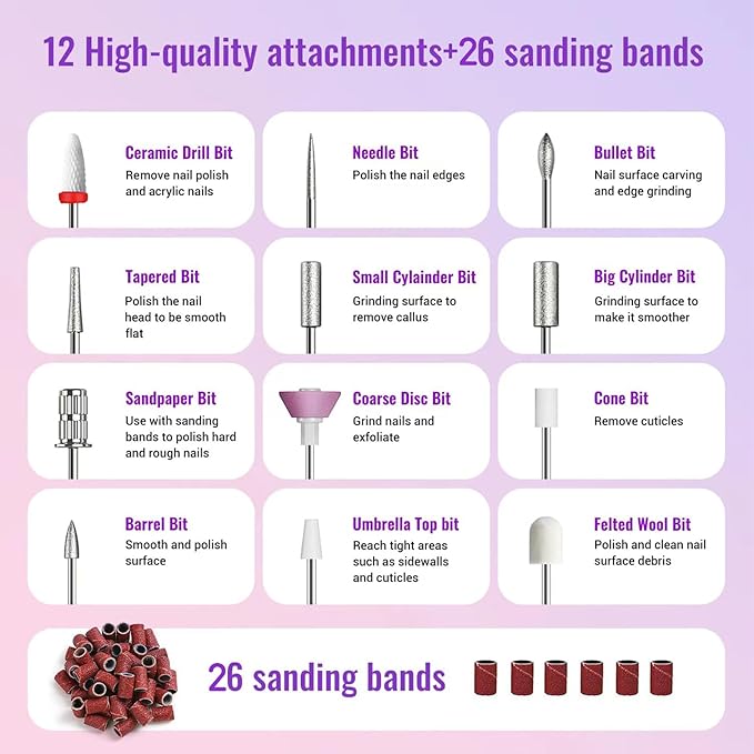 Electric Nail Drill File Cordless,Portable Rechargeable Nail File Kit for Acrylic & Gel Nails,Professional Efile for Manicure Pedicure Polishing,with 12 Nail Drill Bits 31 Sanding Bands,Purple-Velvo Beauty