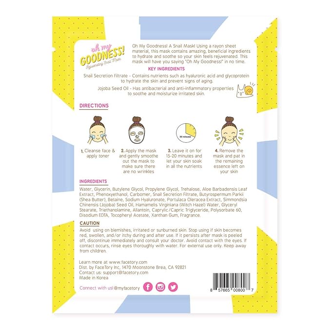 FACETORY K Beauty Face Mask Skin Care - OH MY GOODNESS REJUVENATING SNAIL Sheet Mask with Snail Essence & Hyaluronic Acid | Seal in Moisture (5 Pack)-Velvo Beauty