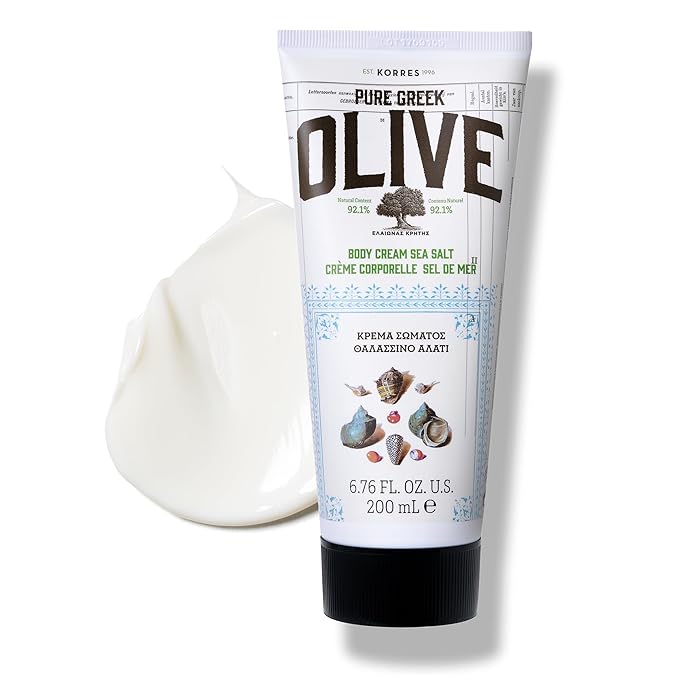 KORRES Olive Body Lotion for Dry Skin, Moisturizer Cream with Vitamin E, Aloe and Pure Greek Olive Oil for Body Care, Hydrating and Nourishing for Smooth, Supple Skin, Sea Salt Scented, 6.76 fl oz-Velvo Beauty