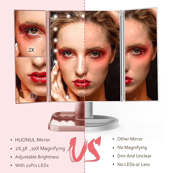 HUONUL Makeup Mirror, 10X 3X 2X Magnification, Lighted Makeup Mirror, Touch Control, Dual Power Supply, Portable LED Mirror, Women Gift (Rose Gold)-Velvo Beauty