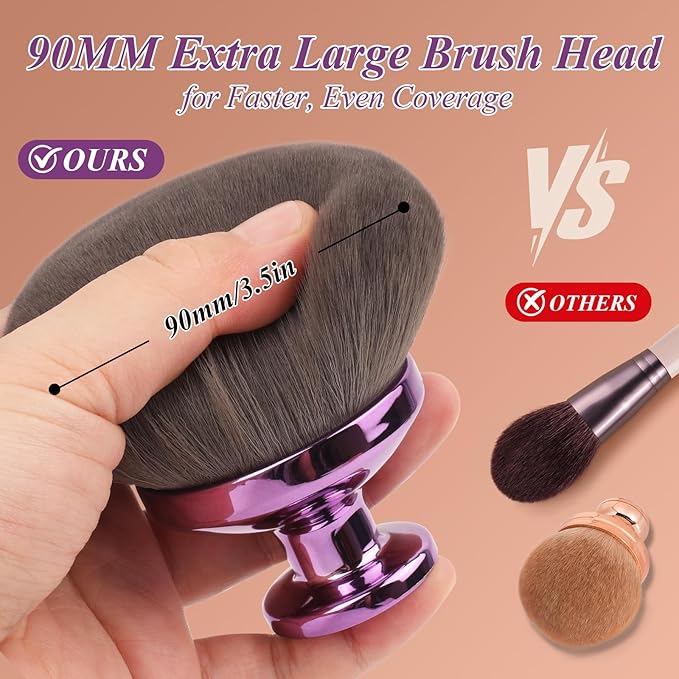 90MM Extra Large Self Tanner Kabuki Makeup Brush – Ultra Soft Dense Vegan Bristles for Body Makeup, Bronzer & Foundation–Applies Tanning Mousse, Lotion & Self Tanner,Wet & Dry (Purple)-Velvo Beauty