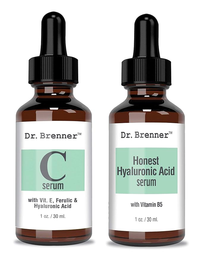 Vitamin C Serum 20% Pure L-Ascorbic Acid, Ferulic Acid, Vitamin E and HA and Hyaluronic Acid Serum with Vitamin B5 for Face and Eyes Natural Anti Aging Anti Wrinkle Set of 2 by Dr. Brenner-Velvo Beauty