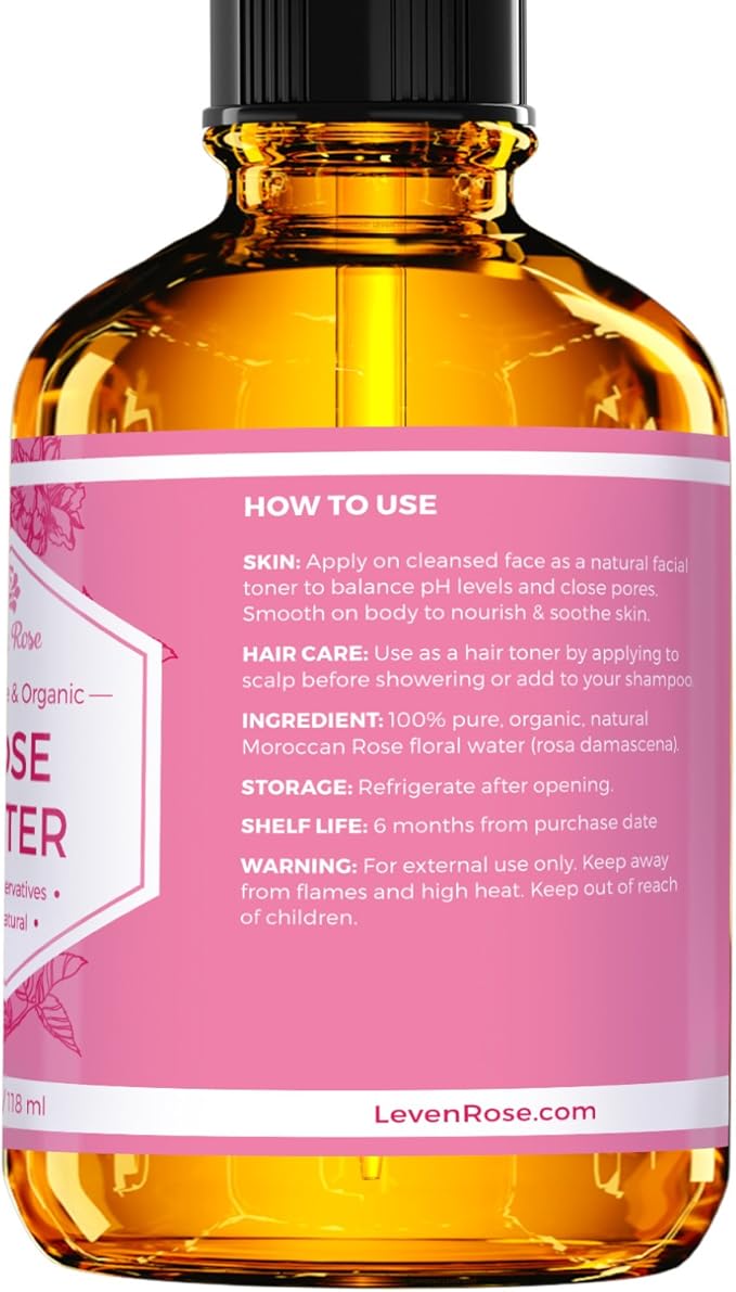 Rose Water Spray for Face by Leven Rose - Pure Natural Moroccan Rosewater Hydrosol Face Spray - Organic Rose Water for Hair 4 oz-Velvo Beauty