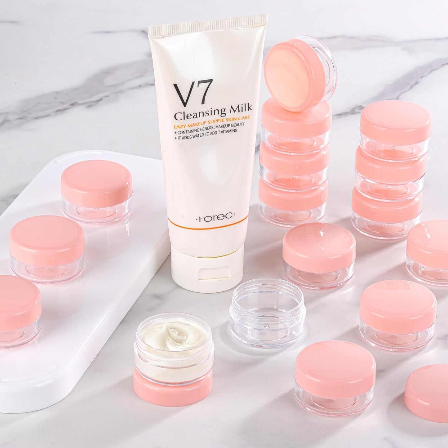 Refillable Cosmetic Sample Jars - 100 Pack 10g (0.35oz) Pink Small Travel Containers with Lids + 10 Mini Makeup Spatulas - BPA Free-Velvo Beauty
