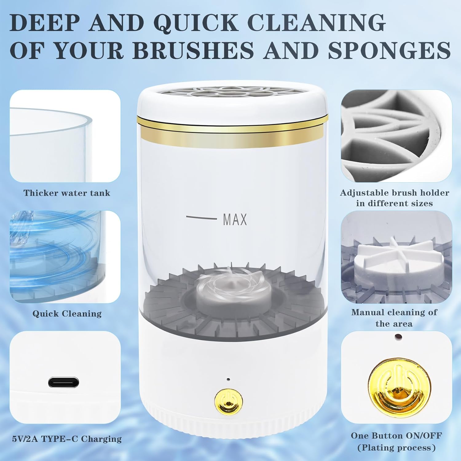 Makeup Brush Cleaner,Low noise and 8000 RPM Electric Makeup Brush Cleaner Machine for Deep Cleaning,Automatic Spinning Cosmetic Brush Cleaner for All Size Makeup Brushes and Sponges(White)-Velvo Beauty