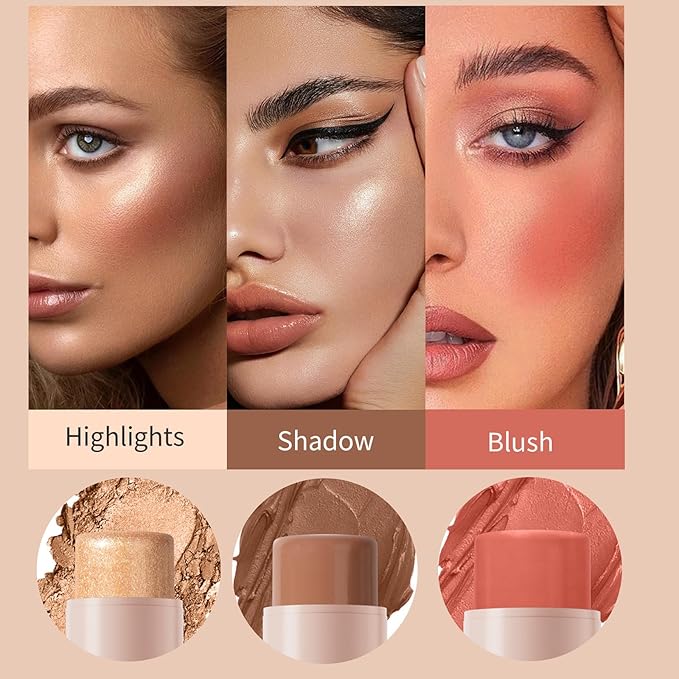 3Pcs Cream Contour Stick, with Highlighter Stick Milk Bronzer Stick Blush Stick, Face Contour Stick Highlighter Makeup with Makeup Brush and Sponge, Easy to Sculpt the Face, Long Lasting-Velvo Beauty