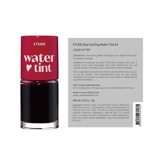 ETUDE Dear Darling Water Tint #4 Red Grapefruit Ade (9g) | Vivid Color Lip Stain with Moisturizing Weightless & Non-sticky Finish Lip Stain | Korean Makeup, Kbeauty-Velvo Beauty