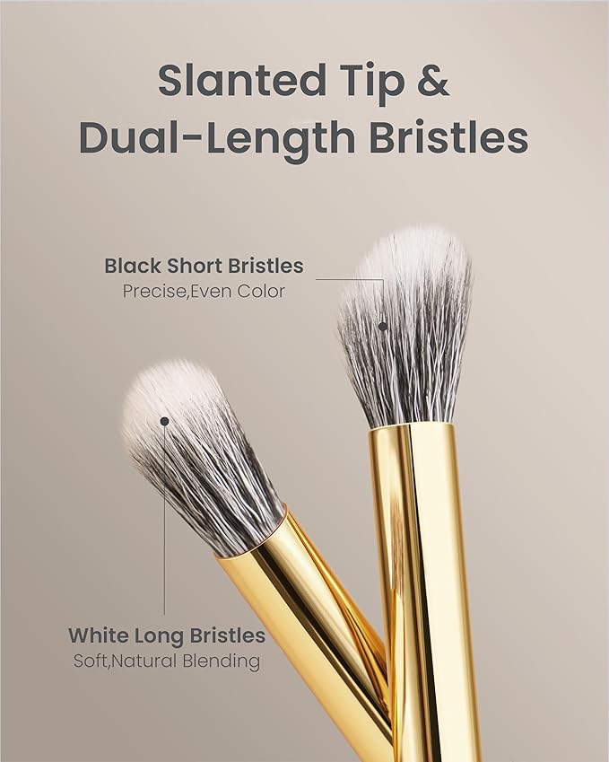 Desert Oak Series Stippling Brush - Dual-Length White & Gray LambsGoat Hair Bristles, Sloped Edge for Cream/Powder Perfection, Ebana Handle & Brass Ferrule (CM 168)-Velvo Beauty