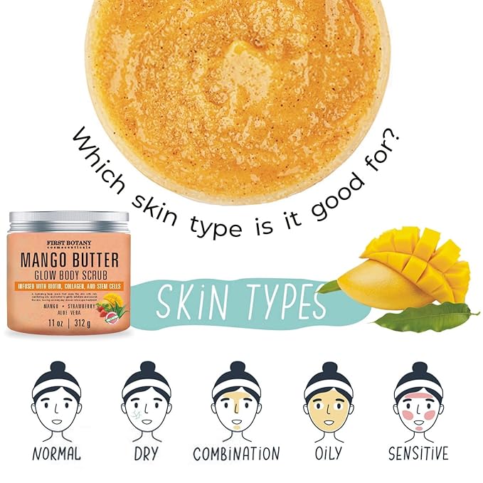 Mango Butter Body Scrub Exfoliator Biotin, Collagen, Stem Cells - Natural Exfoliating Salt Scrub & Body and Face Souffle helps with Moisturizing Skin, Acne, Cellulite, Dead Skin Scars, Wrinkles- 11 oz-Velvo Beauty