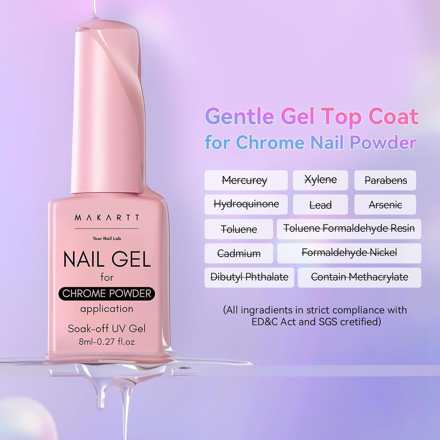 Makartt No Wipe Gel Top Coat for Chrome Nail Powder - Clear High Gloss Mirror Shine Top Coat Gel Nail Polish, Long Lasting Soak-Off LED UV Lamp, DIY Home Salon Art Design Gifts, 8ml Pink Bottle-Velvo Beauty