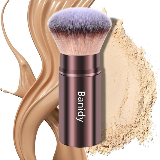 Makeup Brush Kabuki Face Brushes Retractable Travel Blush Brush Portable Flawless for Foundation, Powder Blush, Bronzer, Buffing, Liquid, Cream, Cruelty Free with Cover(Round-Head)-Velvo Beauty