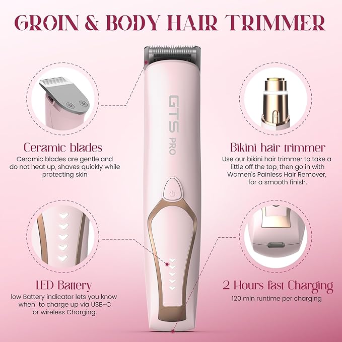Bikini Trimmer for Women Electric Razor 2 Pack Dual Head Body & Facial Hair Remover -Waterproof USB Rechargeable with Replacement Ceramic Blades, Travel Pouch & Packaging Box(Pink)-Velvo Beauty