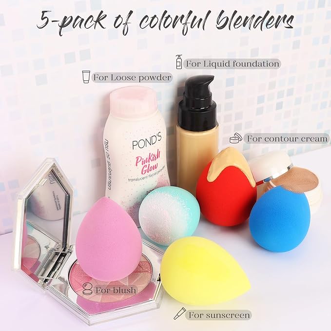 BEAKEY Makeup Sponge 5 Pcs Set, Latex-Free and Soft Boun Boun Beauty Sponge for Blending, Makeup Sponges for Foundation, Liquid, Cream and Powder. Blender for Enhanced Make Up Application-Velvo Beauty