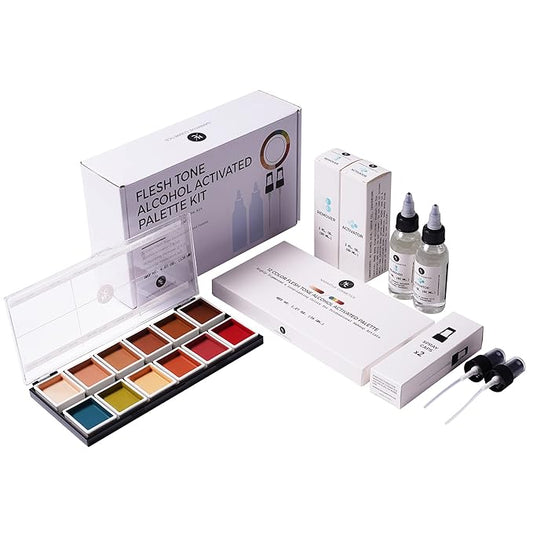 Flesh Tone Alcohol-Activated Palette, Activator, and Remover Kit, Professional SFX Makeup Set, Tattoo Cover-Velvo Beauty
