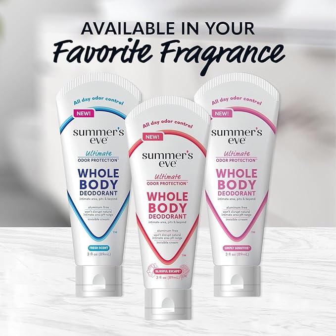 Summer's Eve, Whole Body Deodorant for Women, Ultimate Odor Control, Aluminum Free Deodorant, 3 Fl Oz; Simply Sensitive, Blissful Escape, & Fresh Scent-Velvo Beauty