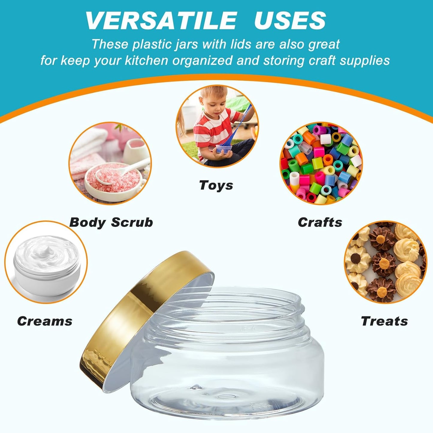 Tessco 24 Pack Plastic Jars with Lids Labels Empty Clear Plastic Jars Round Refillable Cosmetic Containers Body Butter Containers Bulk Sugar Scrub Bottle for Make Up(5 oz,Gold)-Velvo Beauty