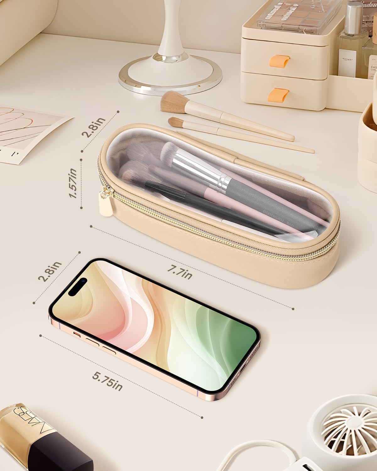 Clear Travel Makeup Brush Holder, Leather Makeup Brush Toiletry Bag, Portable Cosmetic Brush Case, Transparent Waterproof Makeup Brush Storage Bag, Khaki-Velvo Beauty