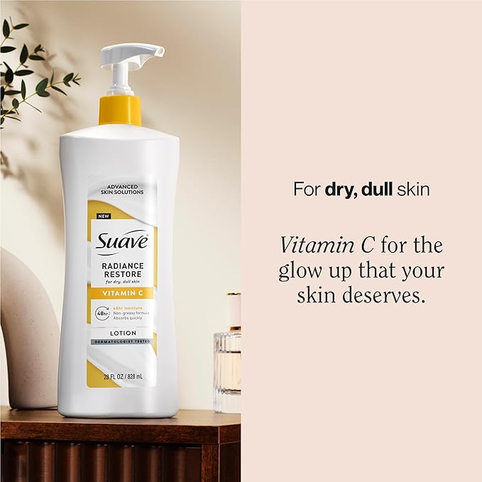 Suave Radiance Restore Hand & Body Lotion For Women With Vitamin C, Brighten & Hydrate Dry, Dull Skin, Non Greasy, Moisturizing Cream Evens Skin Tone, Allergen Free, 28 FL OZ Pump, 4 Pack-Velvo Beauty