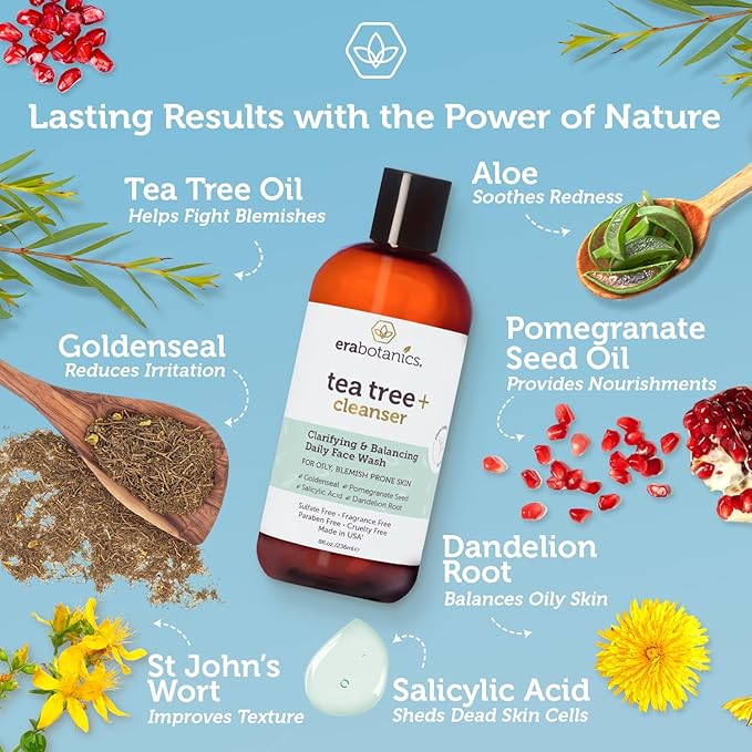 Era Organics Purifying Tea Tree Oil Face Wash - Balancing Cleanser for Oily, Blemish-Prone Skin with Salicylic Acid - Sulfate-Free, Fragrance Free, Made in USA-Velvo Beauty